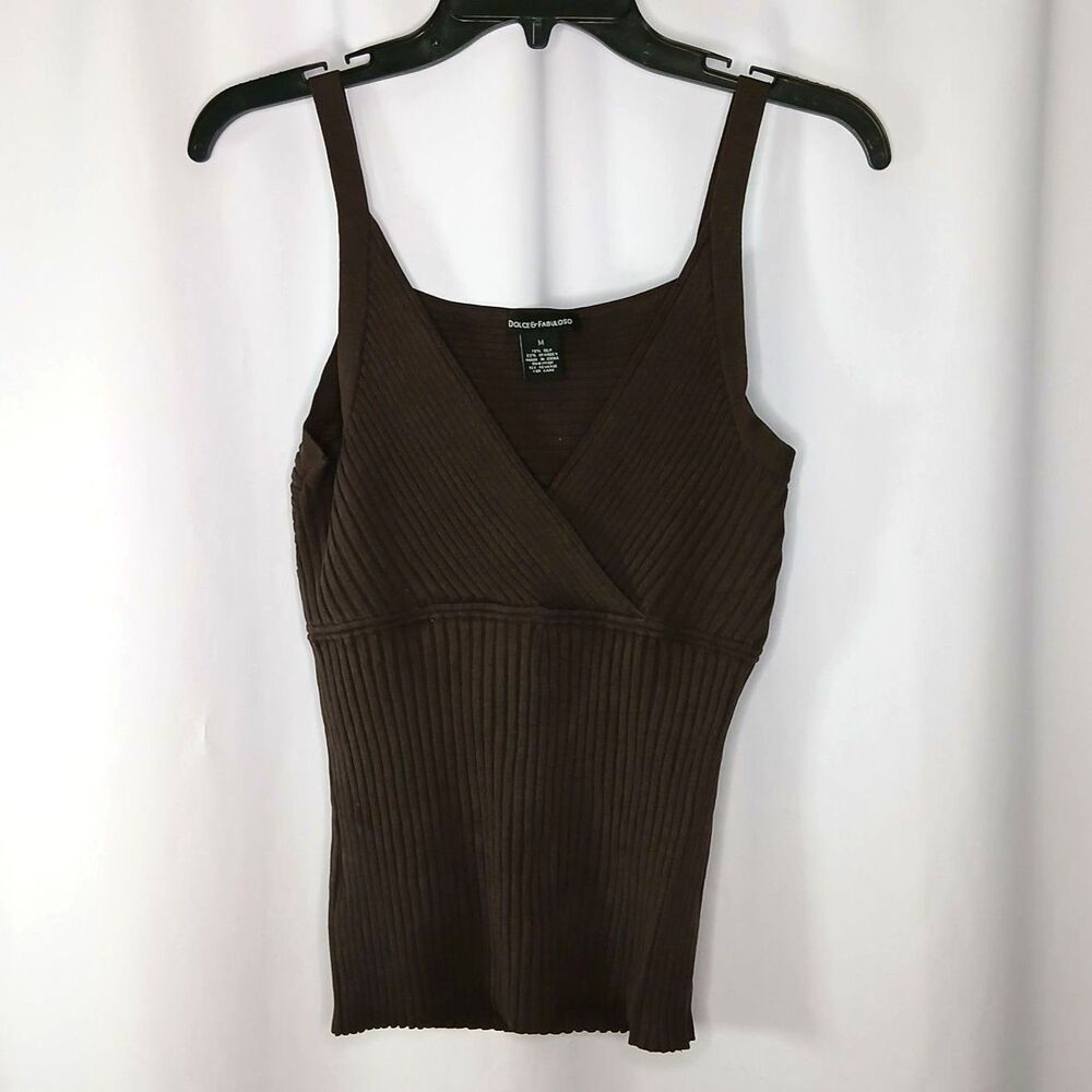 Dolce & Fabuloso Ribbed Knit Tank Top V-Neck Stretch Fitted Brown Womens Med